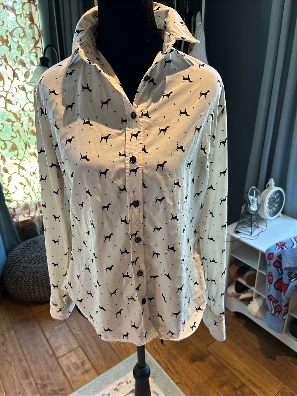 Cream Button-Front Blouse with Black Dog Print